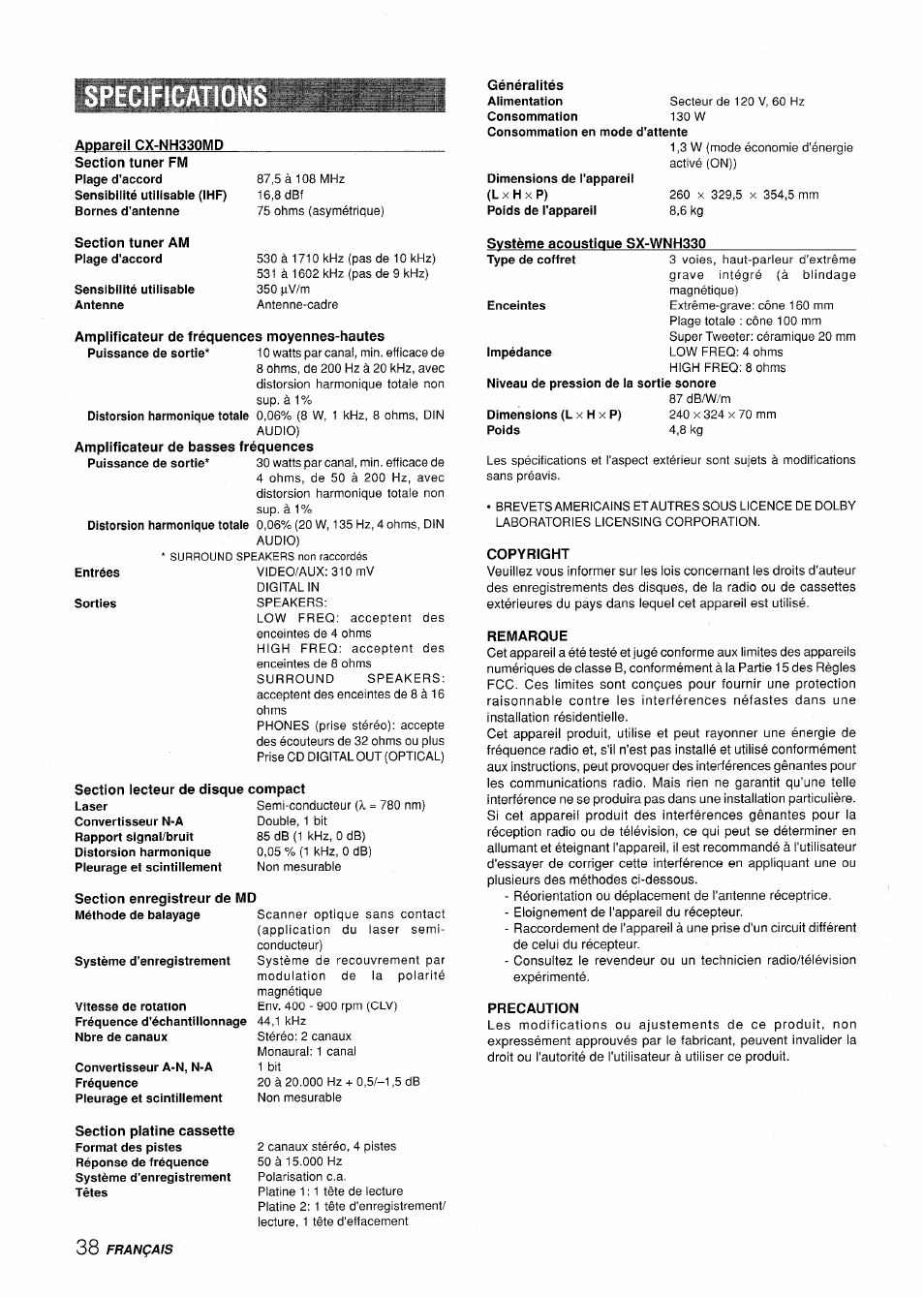 Appareil cx-nh330md, Généralités, Sensibilité utilisable antenne | Système acoustique sx-wnh330, Sorties, Section lecteur de disque compact, Système d'enregistrement, Convertisseur a-n, n-a fréquence, Copyright, Remarque | Aiwa XR-H330MD User Manual | Page 118 / 124