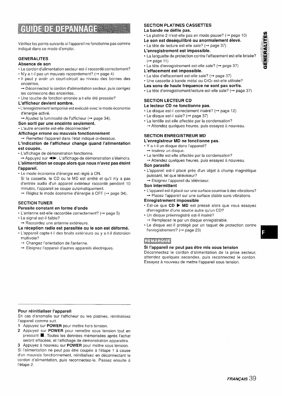 Generalites absence de son, Section tuner, Section platines oassettes la bande ne défile pas | Section lecteur cd le lecteur cd ne fonctionne pas, Si l'appareil ne peut pas être mis sous tension, Pour réinitialiser l'appareil | Aiwa XR-H330MD User Manual | Page 119 / 124