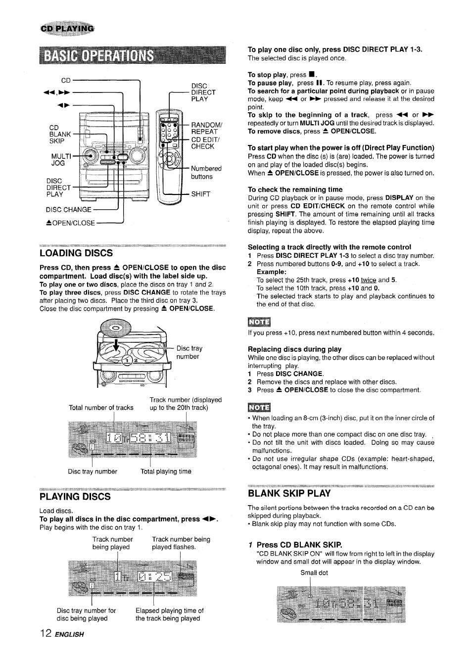 To play one disc only, press disc direct play 1-3, To check the remaining time, Loading discs | 10iv53:;3i, Selecting a track directly with the remote control, 1 press disc change, Playing discs, Blank skip play, 1 press cd blank skip | Aiwa XR-H330MD User Manual | Page 12 / 124