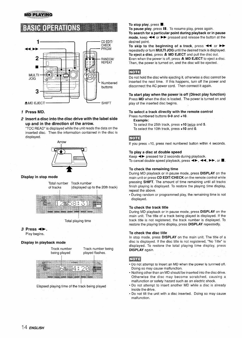 1 press md, Display in stop mode, 3 press | Display in playback mode, To select a track directly with the remote control, To play a disc at double speed, To check the remaining time, To check the track title, To check the disc title, Md playing | Aiwa XR-H330MD User Manual | Page 14 / 124