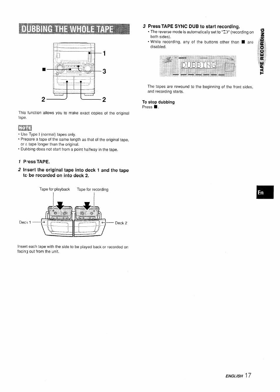 1 p ress tape, 3 press tape sync dub to start recording, To stop dubbing | Aiwa XR-H330MD User Manual | Page 17 / 124