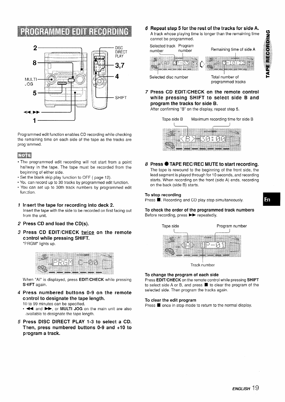 B > 00, To stop recording, To check the order of the programmed track numbers | Prgn 0 00, To clear the edit program | Aiwa XR-H330MD User Manual | Page 19 / 124