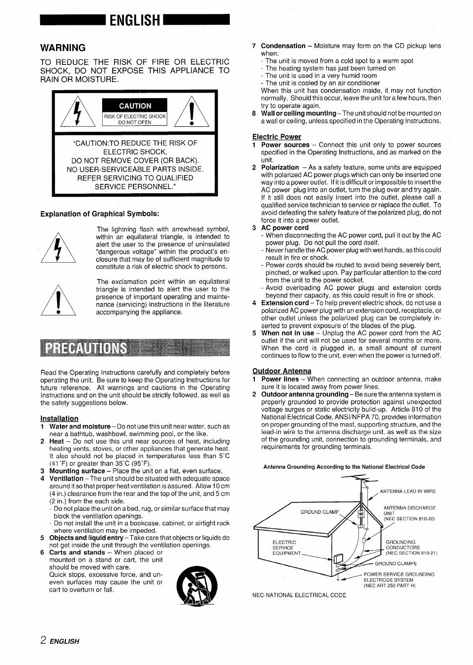 English, Warning, Caution | Explanation of graphical symbols, Electric power, 3 ac power cord, Installation | Aiwa XR-H330MD User Manual | Page 2 / 124