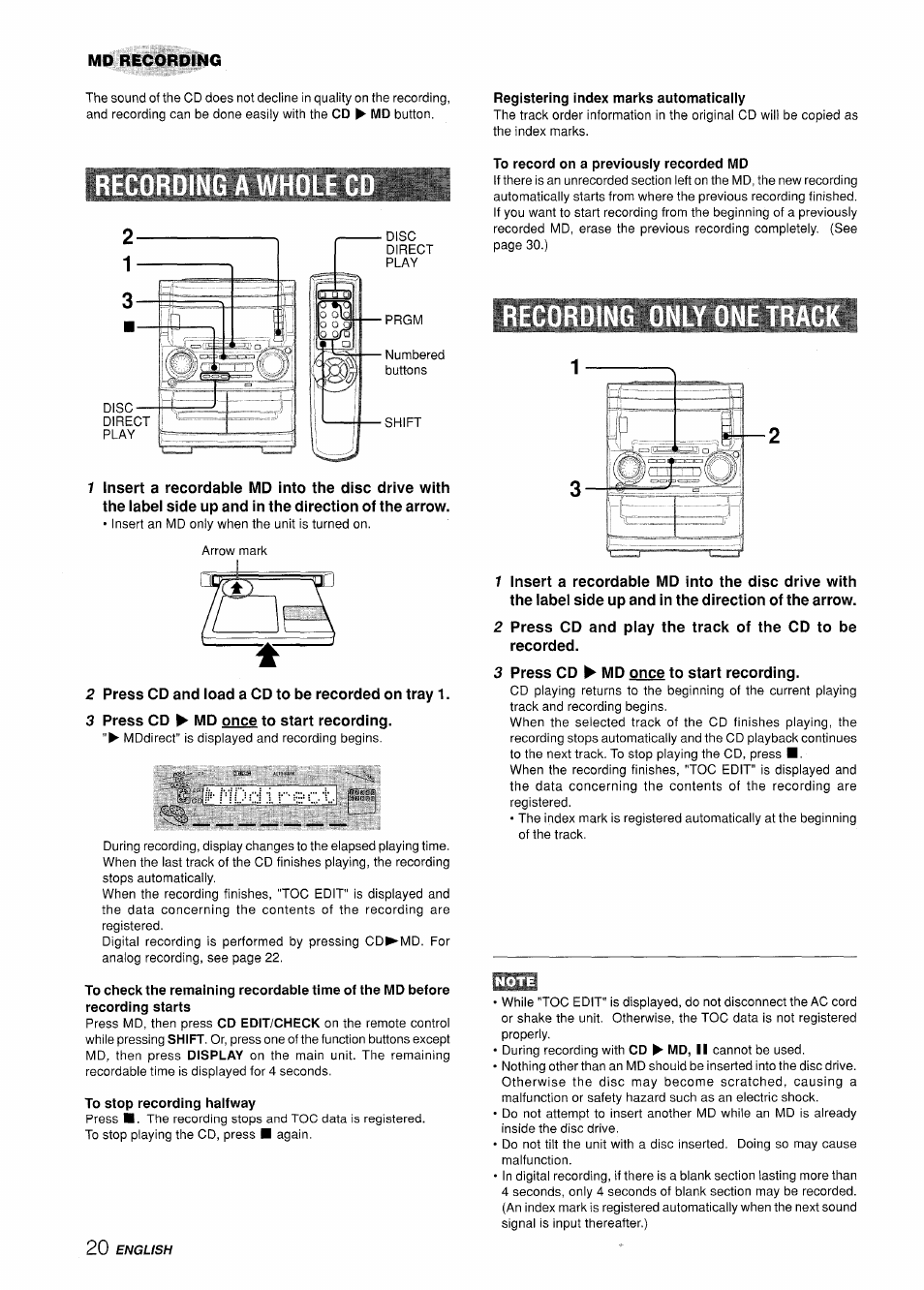 Registering index marks automaticaiiy, 2 press cd and load a cd to be recorded on tray 1, 3 press cd ► md once to start recording | To stop recording halfway, To record on a previously recorded md, Recording onl | Aiwa XR-H330MD User Manual | Page 20 / 124