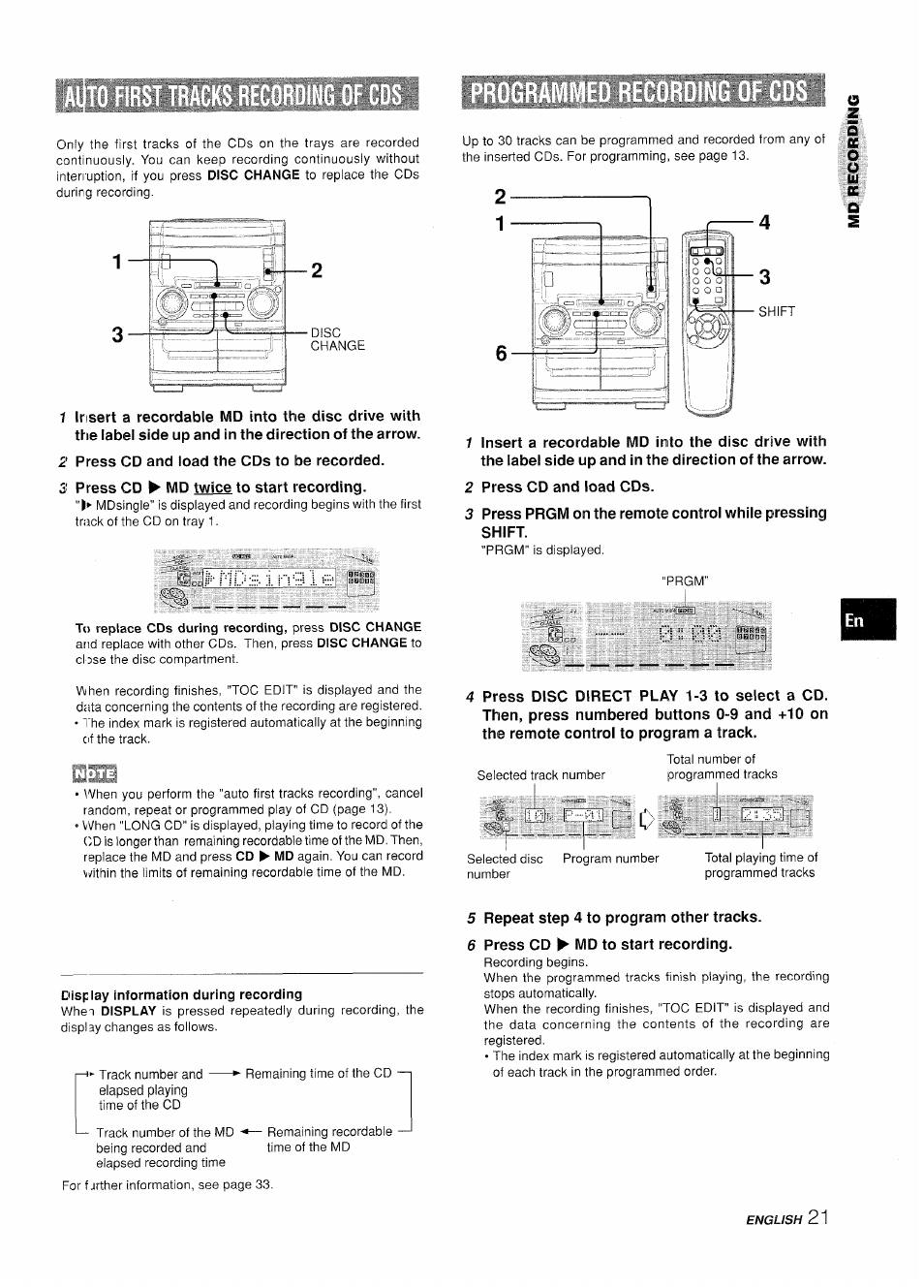 To replace cds during recording, press disc change, Display information during recording | Aiwa XR-H330MD User Manual | Page 21 / 124