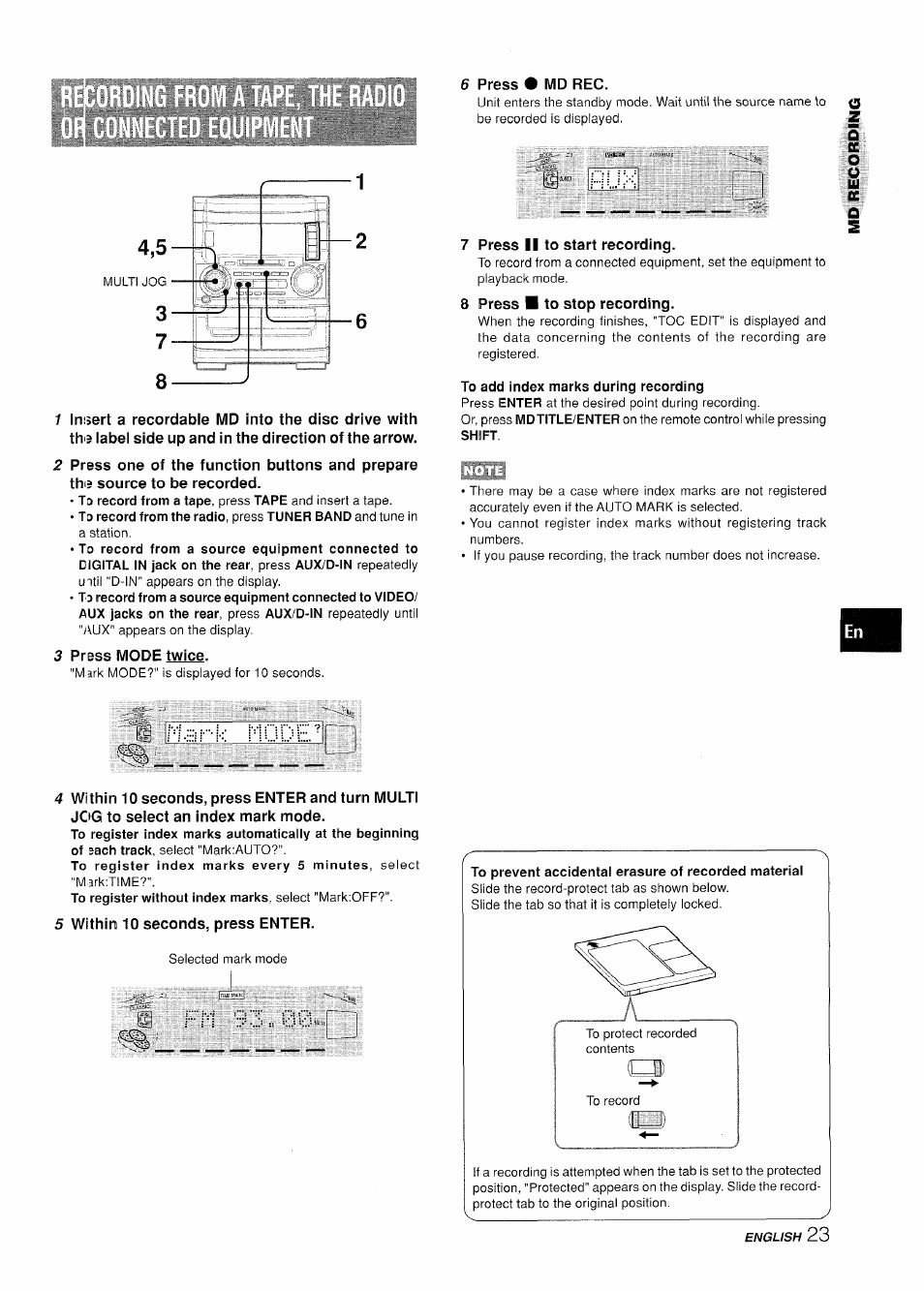 1 inisert a recordable md into the disc drive with, 2 press one of the function buttons and prepare, Thi5 source to be recorded | 3 press mode twice, 6 press • md rec, 7 press ii to start recording, 8 press ■ to stop recording, 5 within 10 seconds, press enter, Oc o | Aiwa XR-H330MD User Manual | Page 23 / 124