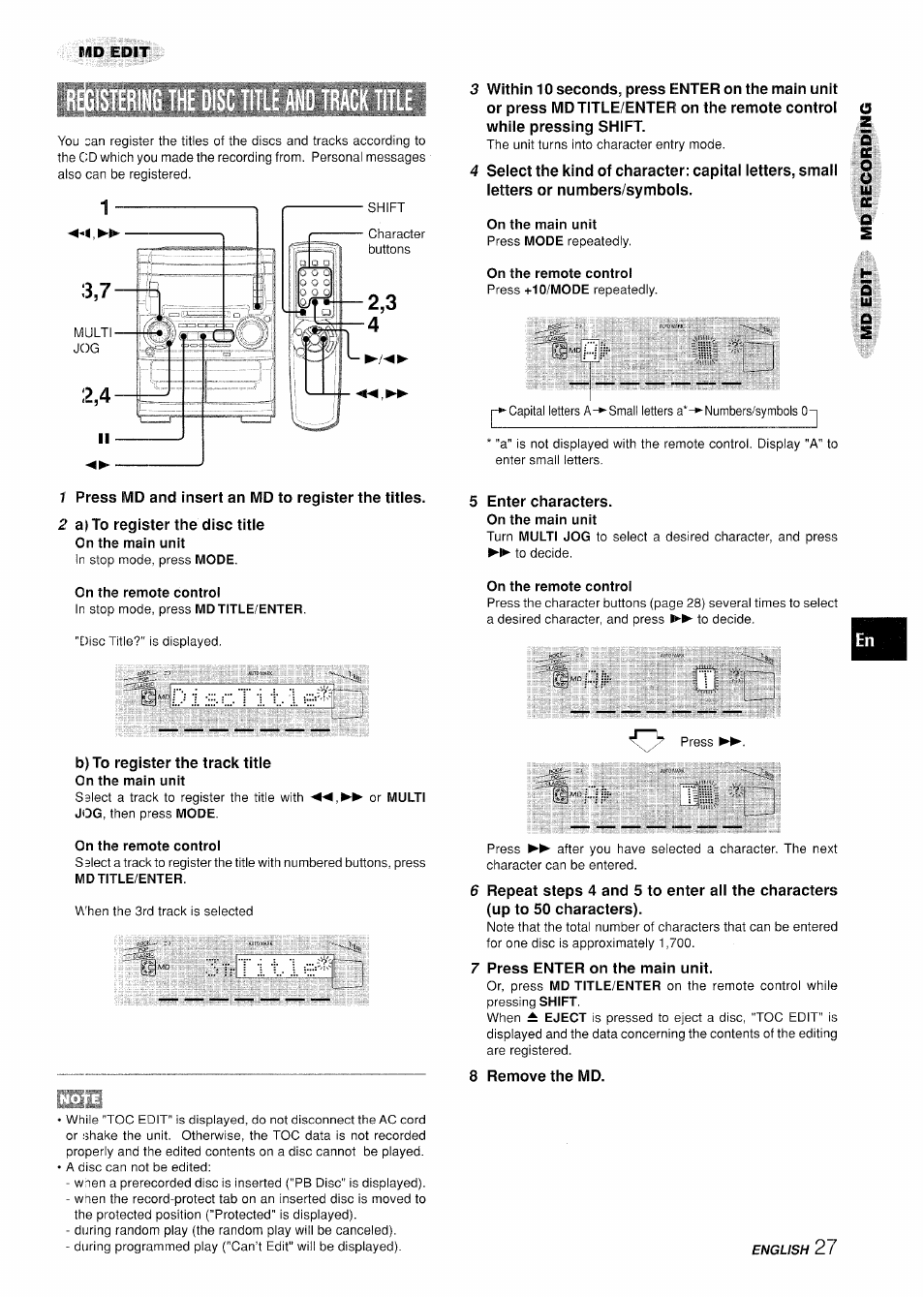 1 press md and insert an md to register the titles, 2 a) to register the disc title, On the remote control | B) to register the track title, 3ivt :i. tie, 5 enter characters, 7 press enter on the main unit, 8 remove the md, D1 s:;;: 't' ;i. t | Aiwa XR-H330MD User Manual | Page 27 / 124