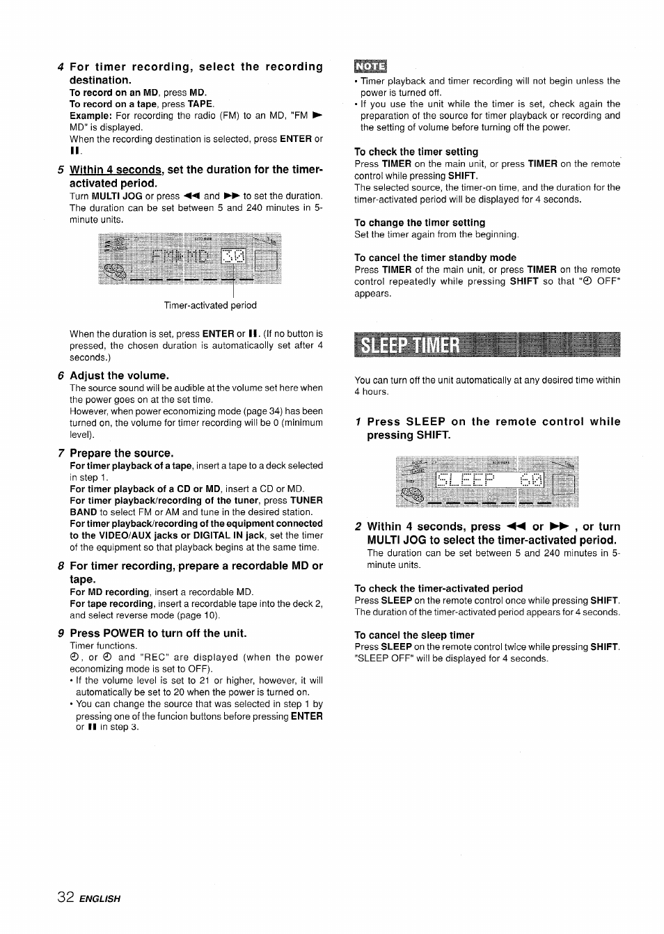 To check the timer setting, To change the timer setting, To cancel the timer standby mode | Sleep, To check the timer-activated period, To cancel the sleep timer | Aiwa XR-H330MD User Manual | Page 32 / 124