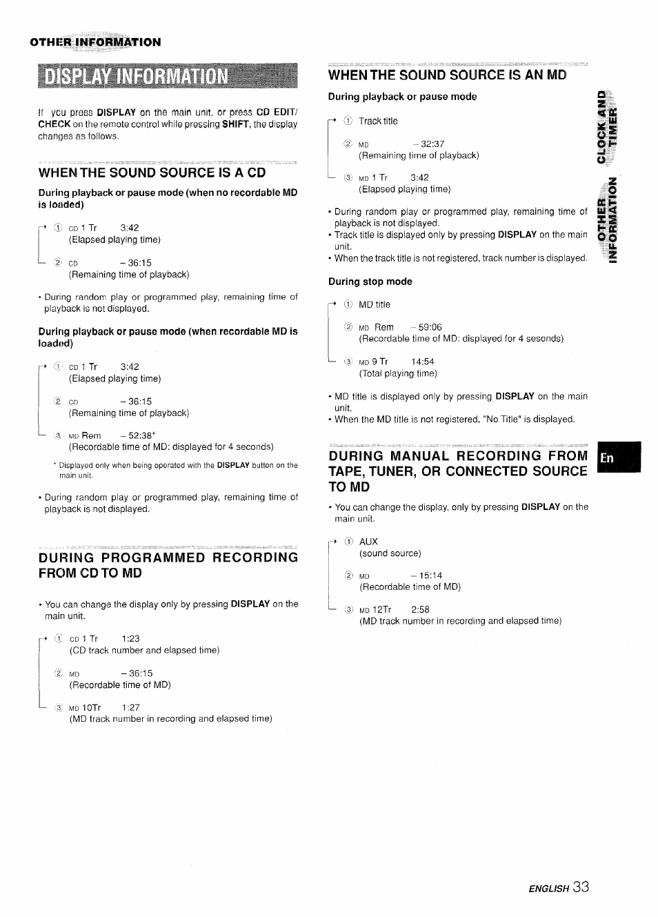 When the sound source is a cd, During programmed recording from cd to md, When the sound source is an md | Aiwa XR-H330MD User Manual | Page 33 / 124