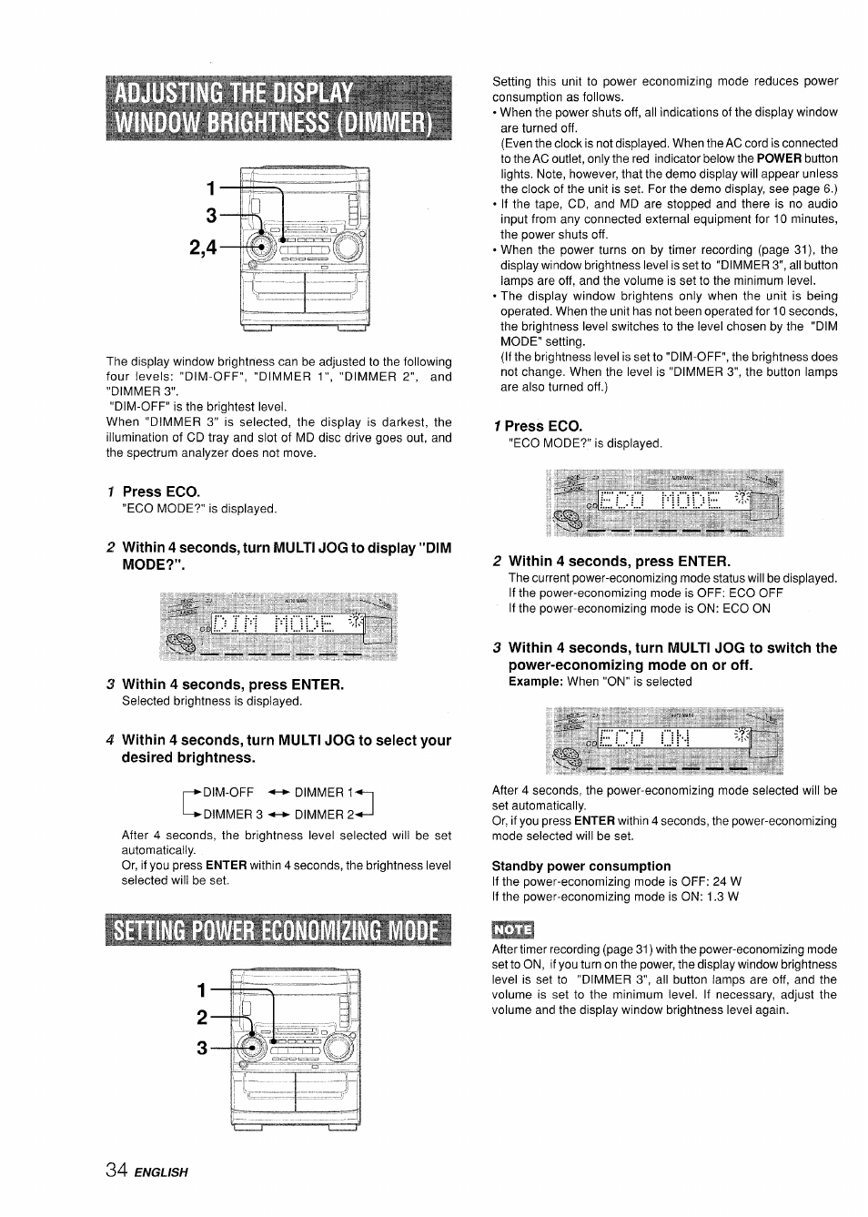 1 press eco, Din nüde, 3 within 4 seconds, press enter | Eco mijde, 2 within 4 seconds, press enter, Standby power consumption | Aiwa XR-H330MD User Manual | Page 34 / 124