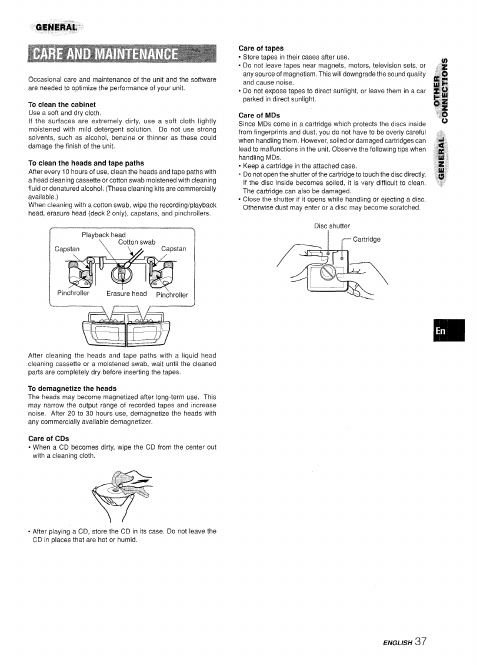 To clean the cabinet, To clean the heads and tape paths, To demagnetize the heads | Care of cds, Care of tapes, Care of mds | Aiwa XR-H330MD User Manual | Page 37 / 124