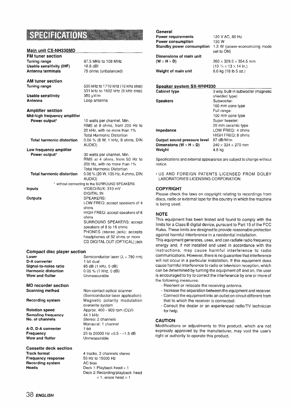 Main unit cx-nh330md, Usable sensitivity antenna, Total harmonic distortion | Low frequency amplifier power output, Inputs outputs, Compact disc player section, Recording system, General, Dimensions of main unit, Weight of main unit | Aiwa XR-H330MD User Manual | Page 38 / 124