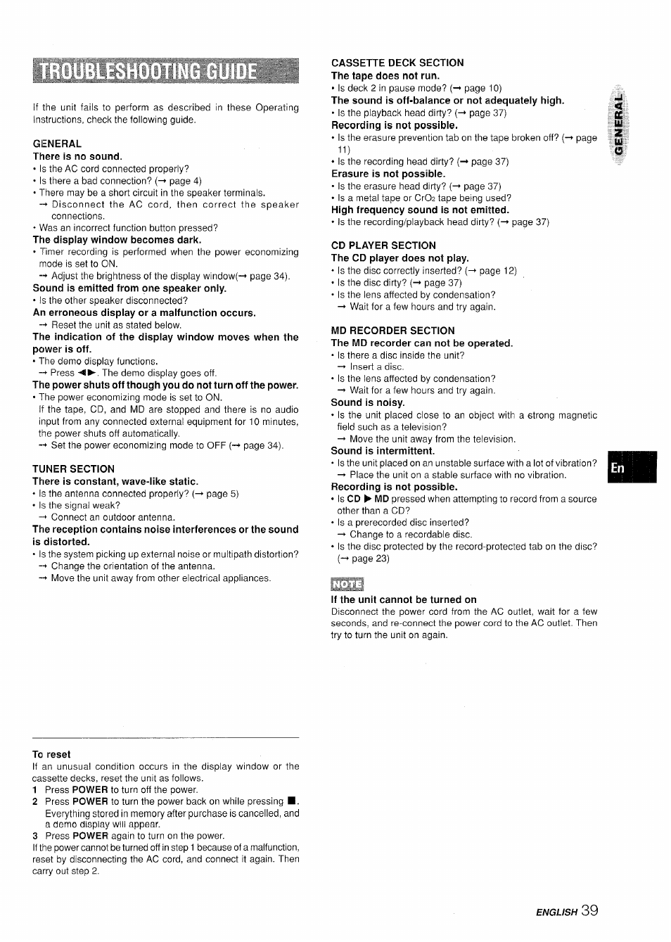 To reset, If the unit cannot be turned on | Aiwa XR-H330MD User Manual | Page 39 / 124