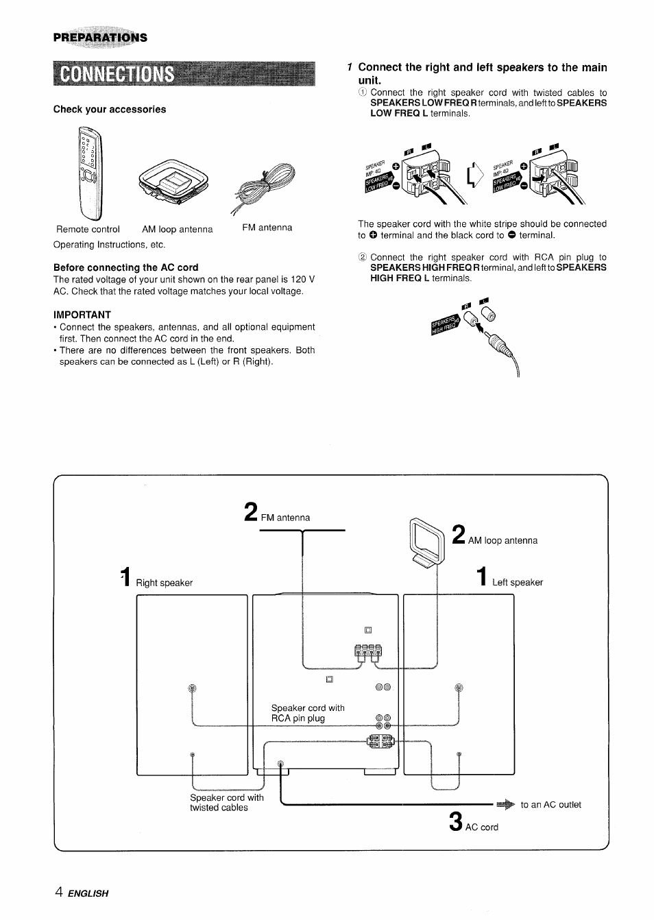 Check your accessories, Before connecting the ac cord, Iwiportant | Aiwa XR-H330MD User Manual | Page 4 / 124