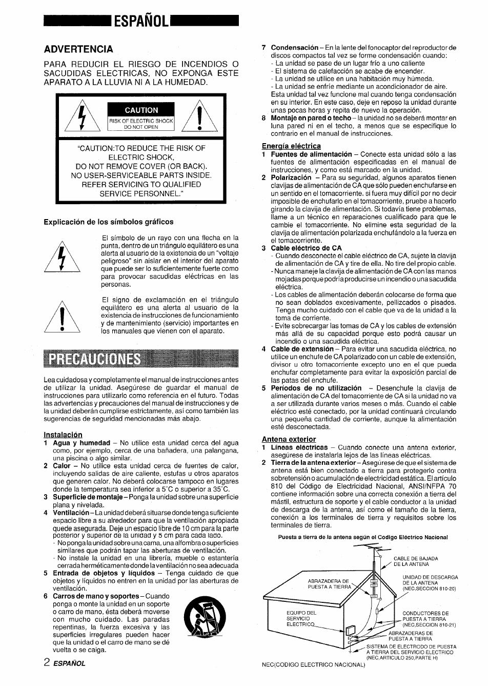 Españoli, Advertencia, Caution | Explicación de los símbolos gráficos, Instalación, Energía eléctrica, 3 cable eléctrico de ca, Antena exterior | Aiwa XR-H330MD User Manual | Page 42 / 124