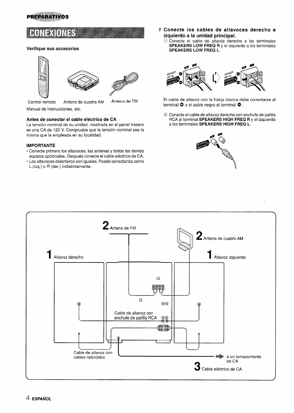 Verifique sus accesorios, Antes de conectar el cable eléctrico de ca, Importante | Aiwa XR-H330MD User Manual | Page 44 / 124