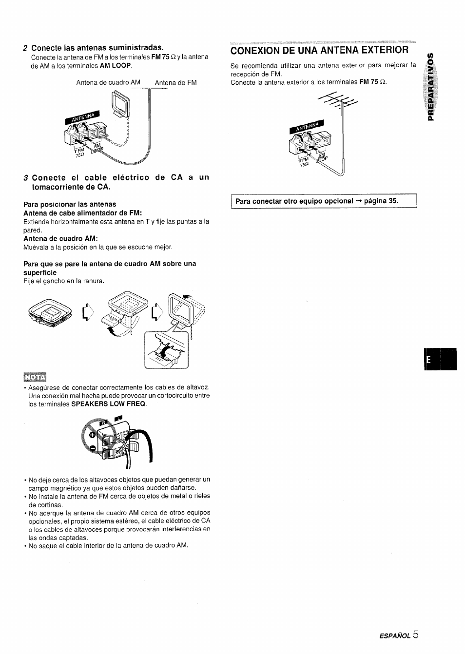 2 conecte las antenas suministradas, Antena de cuadro am, Conexion de una antena exterior | Aiwa XR-H330MD User Manual | Page 45 / 124