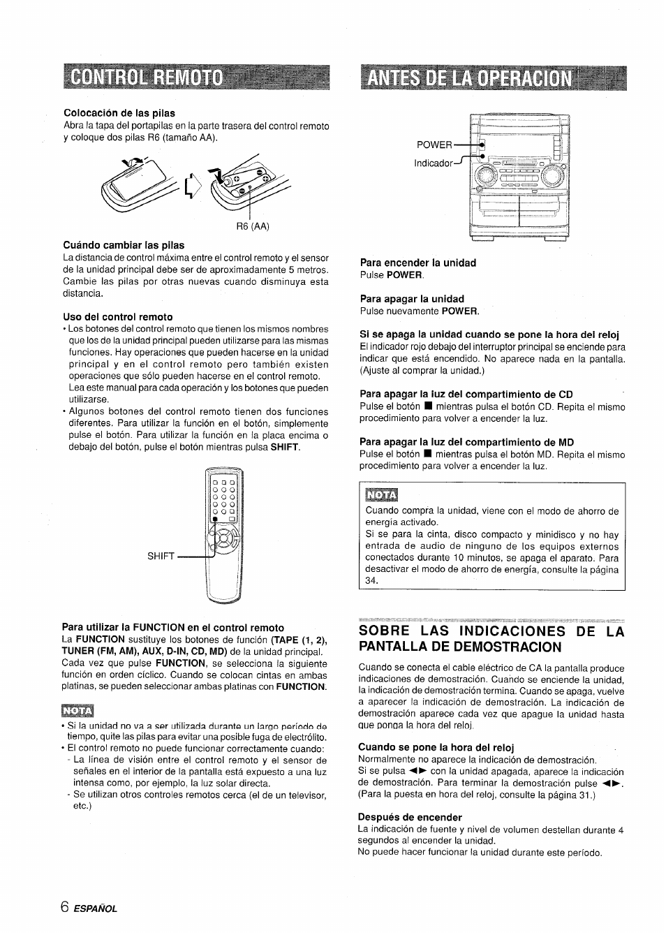 Colocación de las pilas, Uso del control remoto, Para encender la unidad pulse power | Para apagar la unidad, Para apagar la luz del compartimiento de cd, Para apagar la luz del compartimiento de md, Cuando se pone la hora del reloj, Después de encender | Aiwa XR-H330MD User Manual | Page 46 / 124