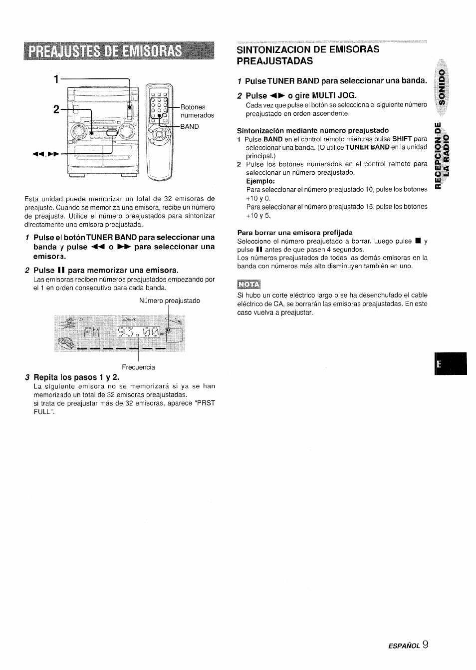 2 pulse ii para memorizar una emisora, Sintonizacion de emisoras preajustadas, 1 pulsetuner band para seleccionar una banda | 2 pulse o gire multi jog, Sintonización mediante número preajustado, Para borrar una emisora prefijada, Repita los pasos 1 y 2 | Aiwa XR-H330MD User Manual | Page 49 / 124