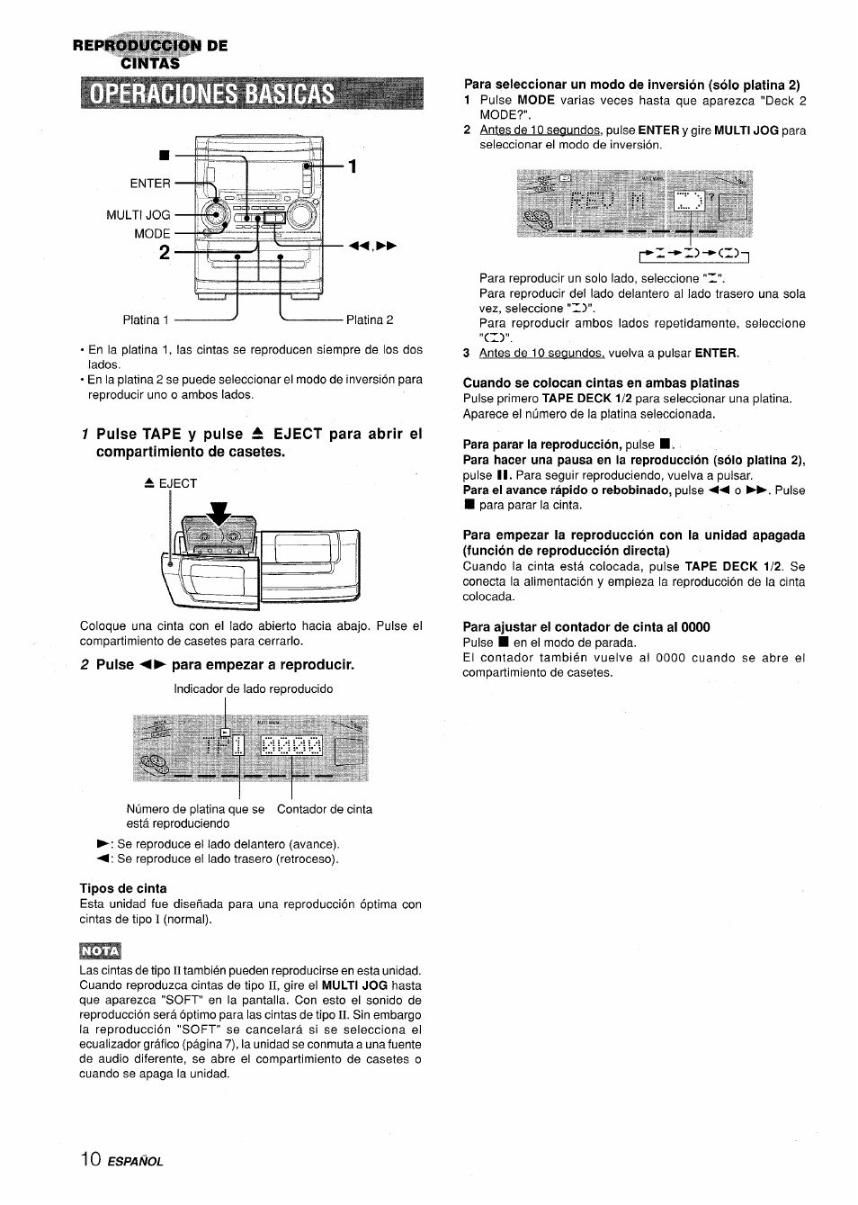 2 pulse para empezar a reproducir, Cuando se colocan cintas en ambas platinas, Para parar la reproducción, pulse | Para ajustar el contador de cinta al 0000, T’pl 0000, Tipos de cinta, Re.u | Aiwa XR-H330MD User Manual | Page 50 / 124