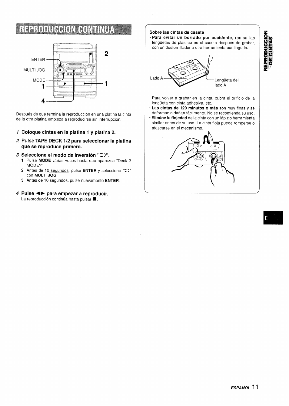 1 coloque cintas en la platina 1 y platina 2, 3 seleccione el modo de inversión "z5, 4 pulse para empezar a reproducir | Sobre las cintas de casete | Aiwa XR-H330MD User Manual | Page 51 / 124