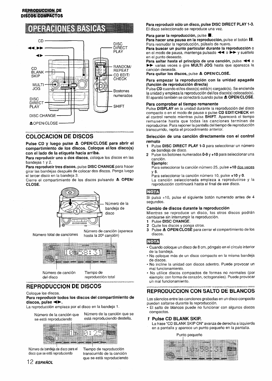 Colocacion de discos, Reproduccion de discos, 1 pulse cd blank skip | Reproduccion con salto de blancos | Aiwa XR-H330MD User Manual | Page 52 / 124