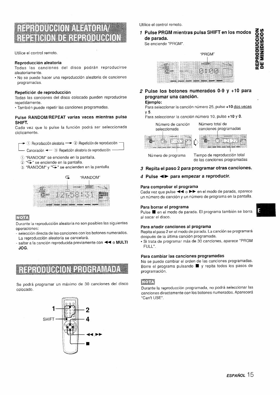 Reproducción aleatoria, Repetición de reproducción, Para comprobar el programa | Para borrar el programa, Para añadir canciones al programa, Para cambiar las canciones programadas | Aiwa XR-H330MD User Manual | Page 55 / 124