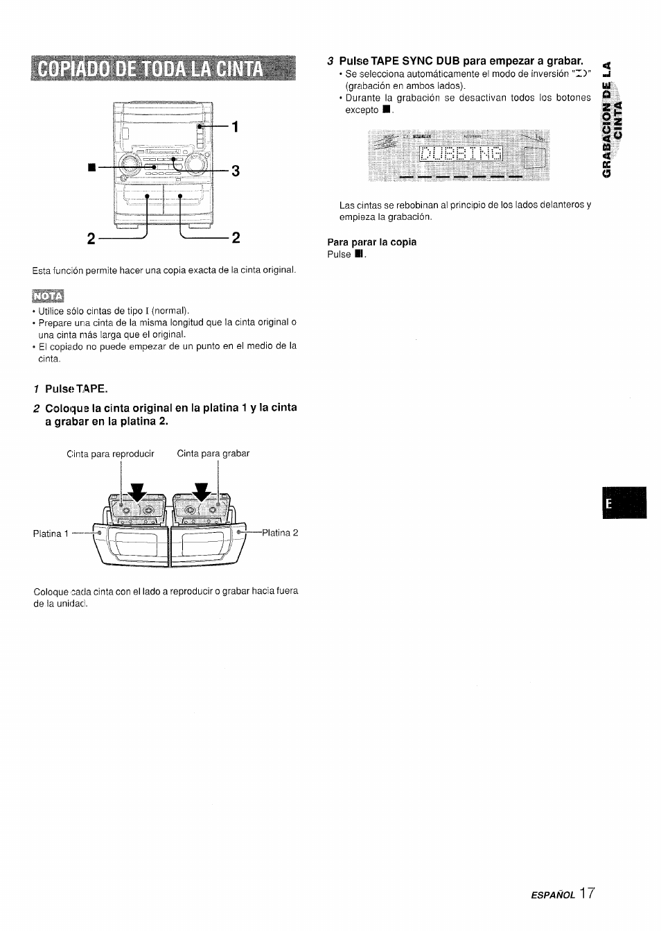 1 pulse tape, 3 puisetape sync dub para empezar a grabar, Dlíbb ing | Para parar la copia | Aiwa XR-H330MD User Manual | Page 57 / 124