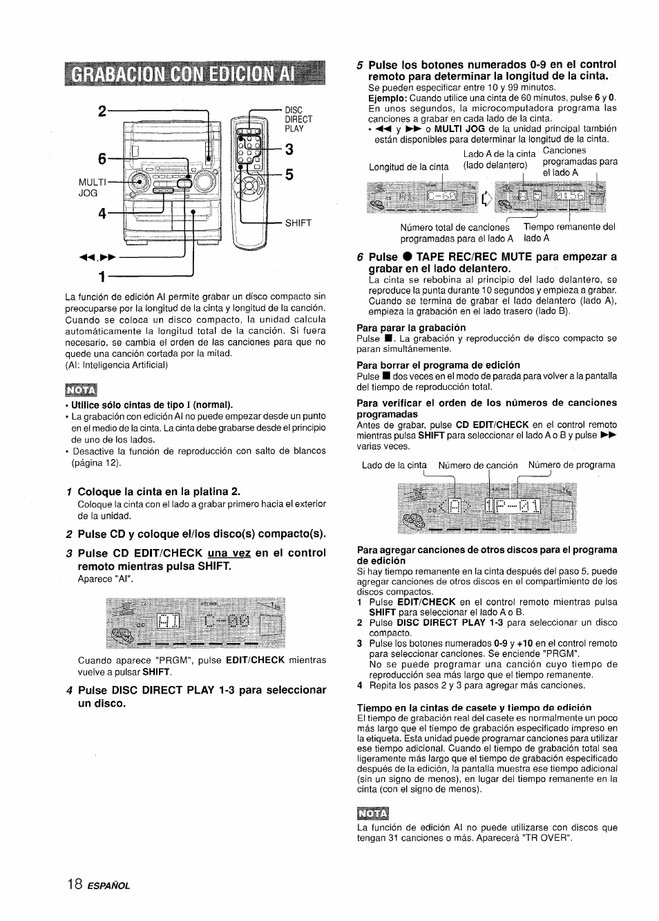 Utilice sólo cintas de tipo i (normal), 1 coloque la cinta en la platina 2, 2 pulse cd y coloque el/los disco(s) compacto(s) | Tiempo en ia cintas de casete y tiempo de edición, I.p.01 | Aiwa XR-H330MD User Manual | Page 58 / 124