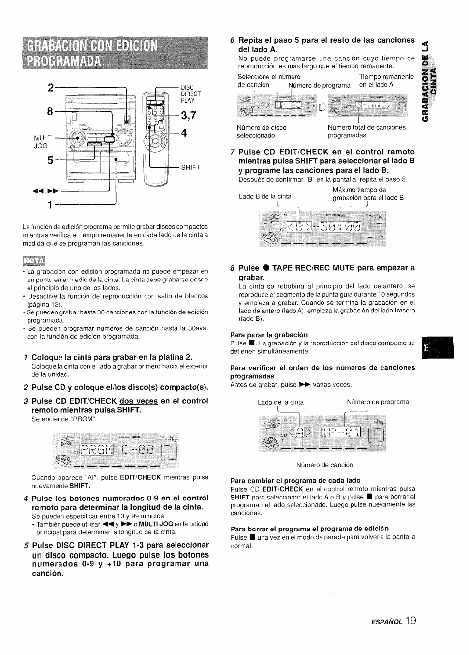 Para parar la grabación, H> if' 01, Para cambiar el programa de cada lado | Para borrar el programa el programa de edición | Aiwa XR-H330MD User Manual | Page 59 / 124