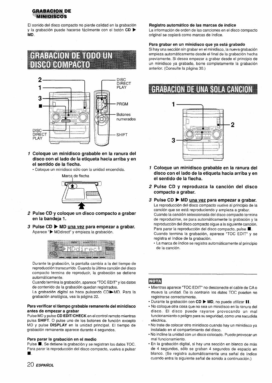 Registro automático de ias marcas de índice, Para grabar en un minidisco que ya está grabado, Para parar la grabación en ei medio | Grabacion de una sola cancion, I reci | Aiwa XR-H330MD User Manual | Page 60 / 124