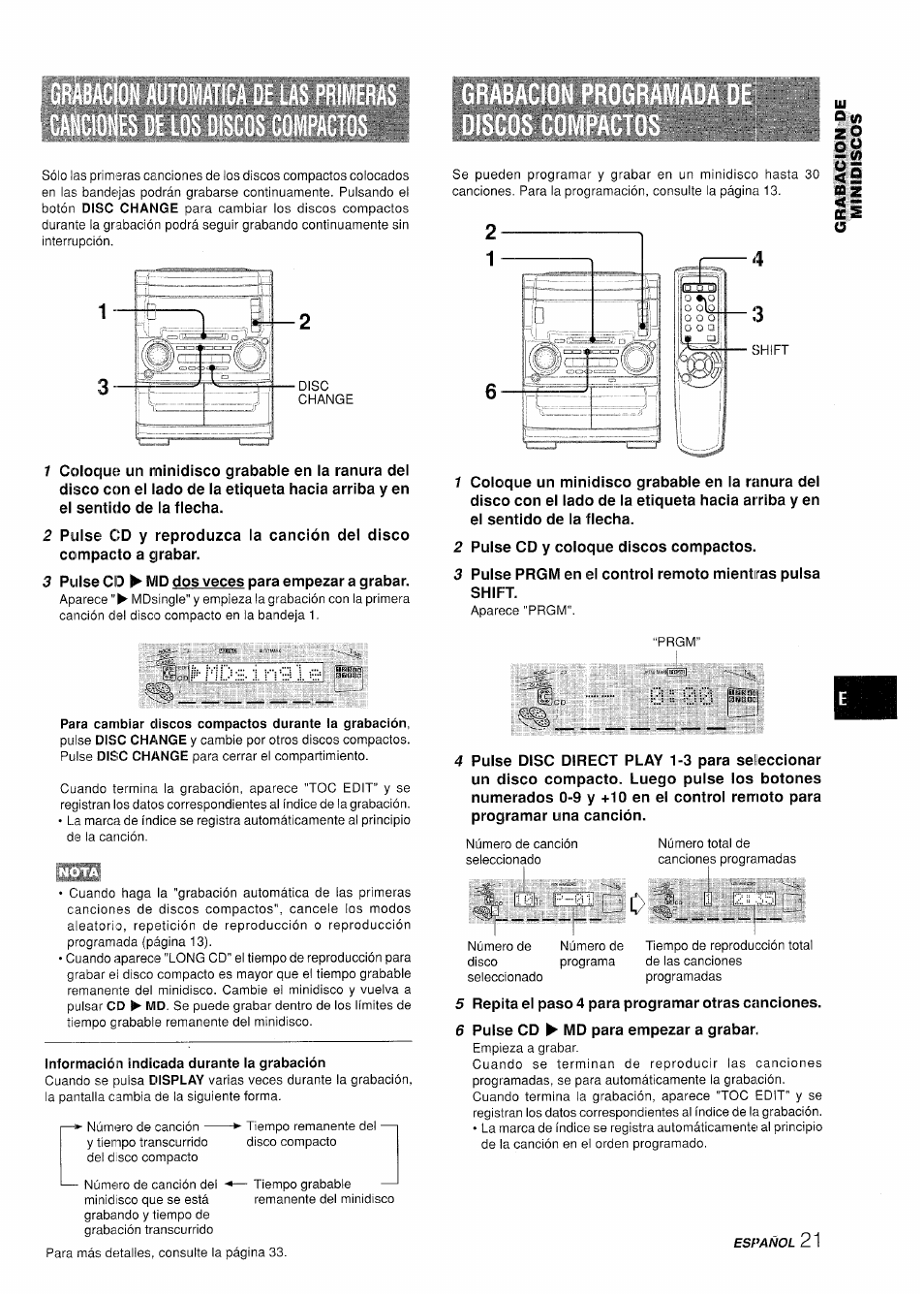 Para cambiar discos compactos durante la grabación, Información indicada durante la grabación | Aiwa XR-H330MD User Manual | Page 61 / 124