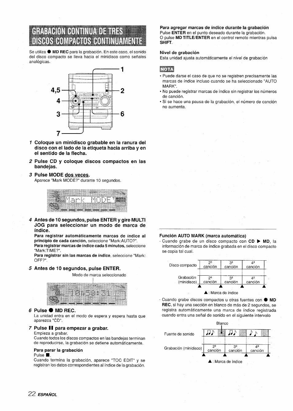 Nivel de grabación, Función auto mark (marca automática) | Aiwa XR-H330MD User Manual | Page 62 / 124