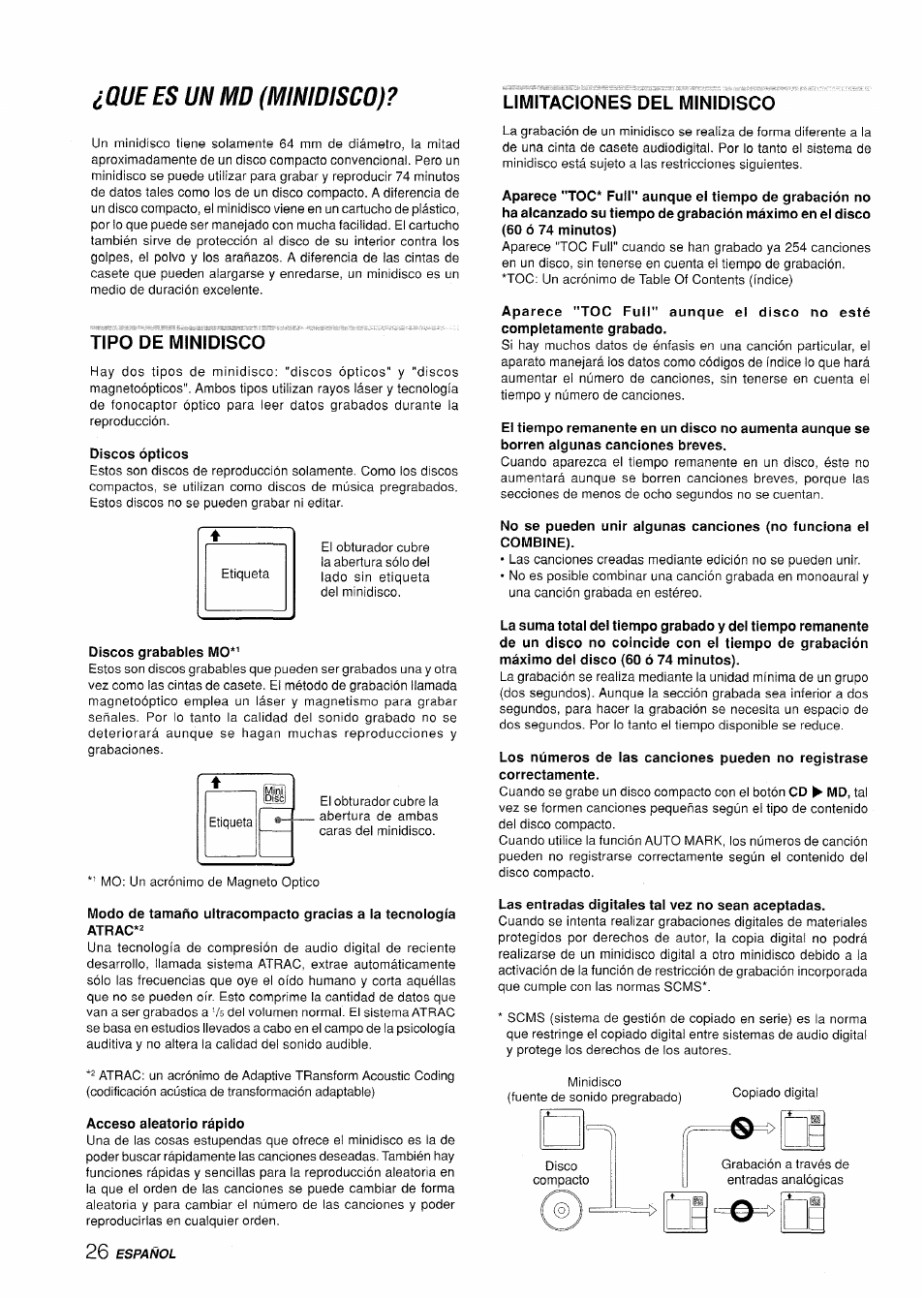 Tipo de minidisco, Limitaciones del minidisco, Que es un md (minidisco) | Aiwa XR-H330MD User Manual | Page 66 / 124