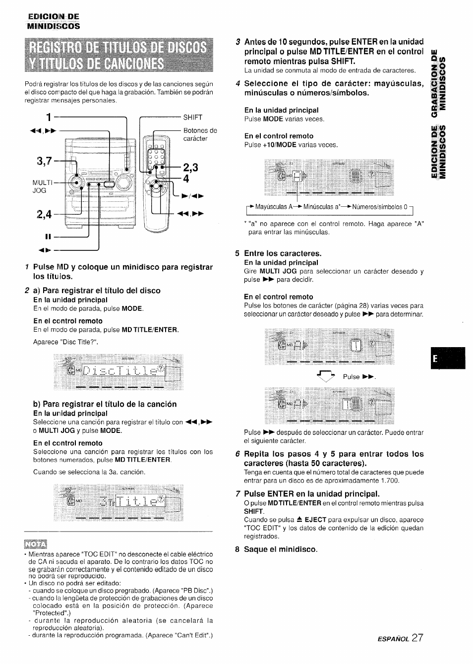 En la unidad principal pulse mode varias veces, En el control remoto pulse +10/mode varias veces, En la unidad principal | En el control remoto, Control remoto, T ;i. i i | Aiwa XR-H330MD User Manual | Page 67 / 124