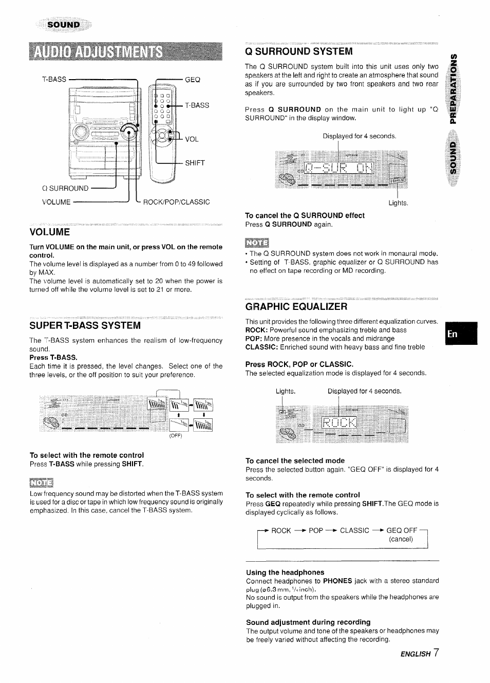 Volume, Q surround system, Suffer t-bass system | Graphic equalizer, Press rock, pop or classic, Rock, To cancel the selected mode, To select with the remote control, Using the headphones, Sound adjustment during recording | Aiwa XR-H330MD User Manual | Page 7 / 124