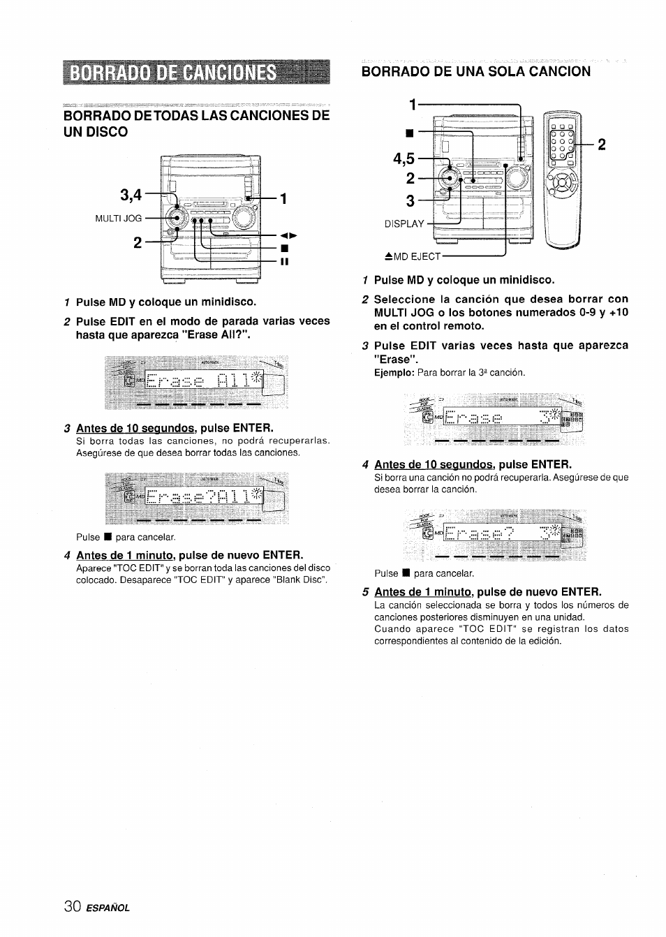 Borrado de una sola cancion, Borrado detodas las canciones de un disco, 1 pulse md y coloque un minidisco | 3 antes de 10 segundos, pulse enter, 5 antes de 1 minuto, pulse de nuevo enter, Borrado de canciones | Aiwa XR-H330MD User Manual | Page 70 / 124