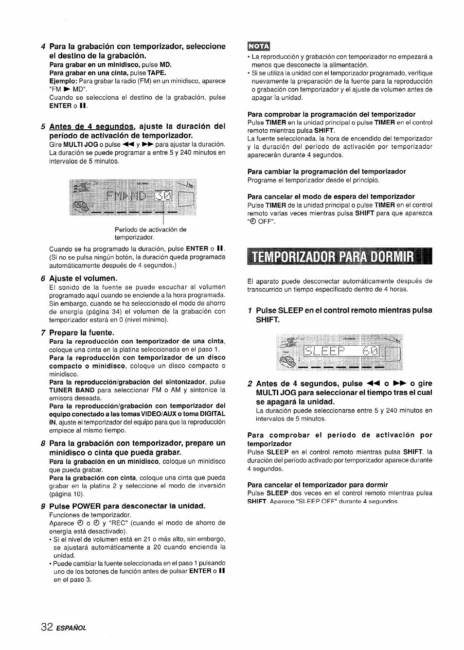 Fmimid 30, Para cambiar la programación del temporizador, Temporizador para dormir | Sleep 00, Para cancelar el temporizador para dormir | Aiwa XR-H330MD User Manual | Page 72 / 124