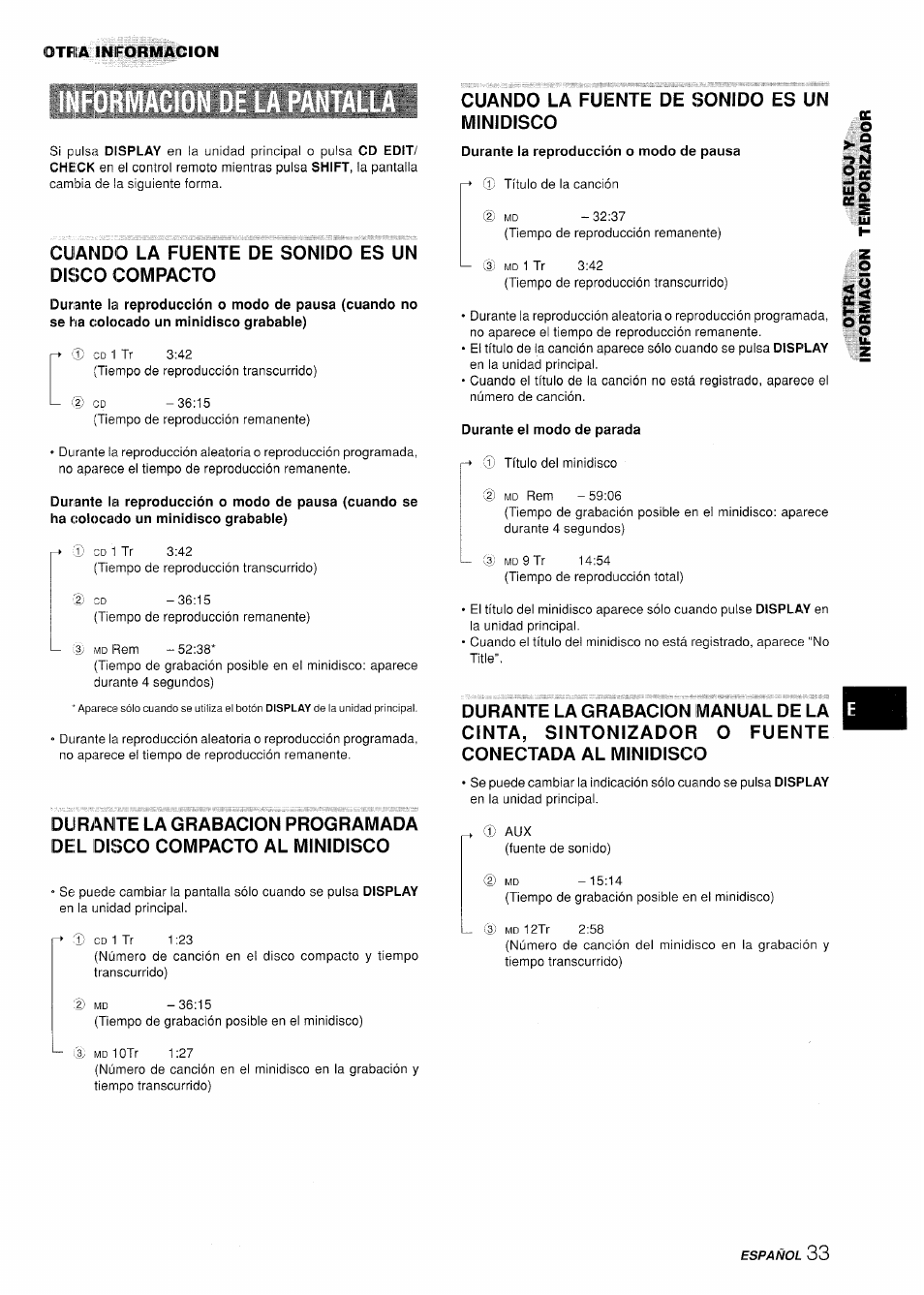 Durante el modo de parada, Si “i, Cuando la fuente de sonido es un disco compacto | Cuando la fuente de sonido es un minidisco | Aiwa XR-H330MD User Manual | Page 73 / 124