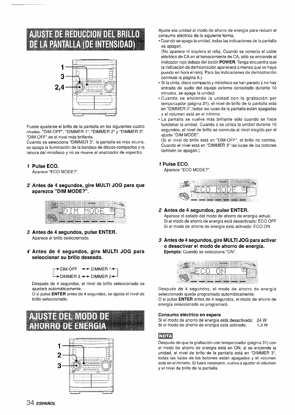 1 pulse eco, Jjtm mode, 3 antes de 4 segundos, pulse enter | 2 antes de 4 segundos, pulse enter, Ecqjlf-í, Consumo eléctrico en espera, Mode jjtm mode | Aiwa XR-H330MD User Manual | Page 74 / 124