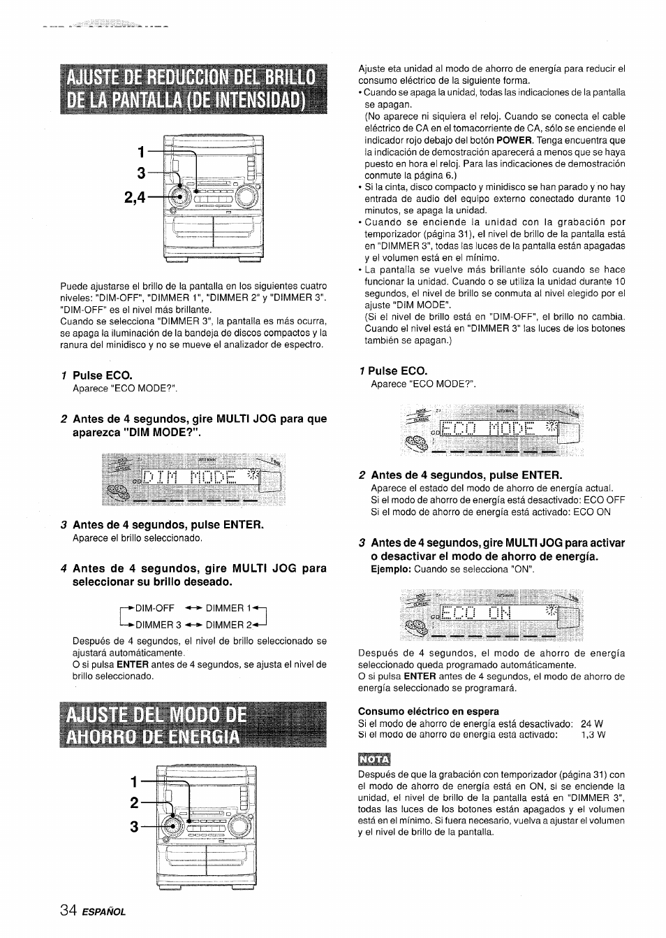 1 pulse eco, 3 antes de 4 segundos, pulse enter, Antes de 4 segundos, pulse enter | Consumo eléctrico en espera, Mode .-!r i | Aiwa XR-H330MD User Manual | Page 75 / 124