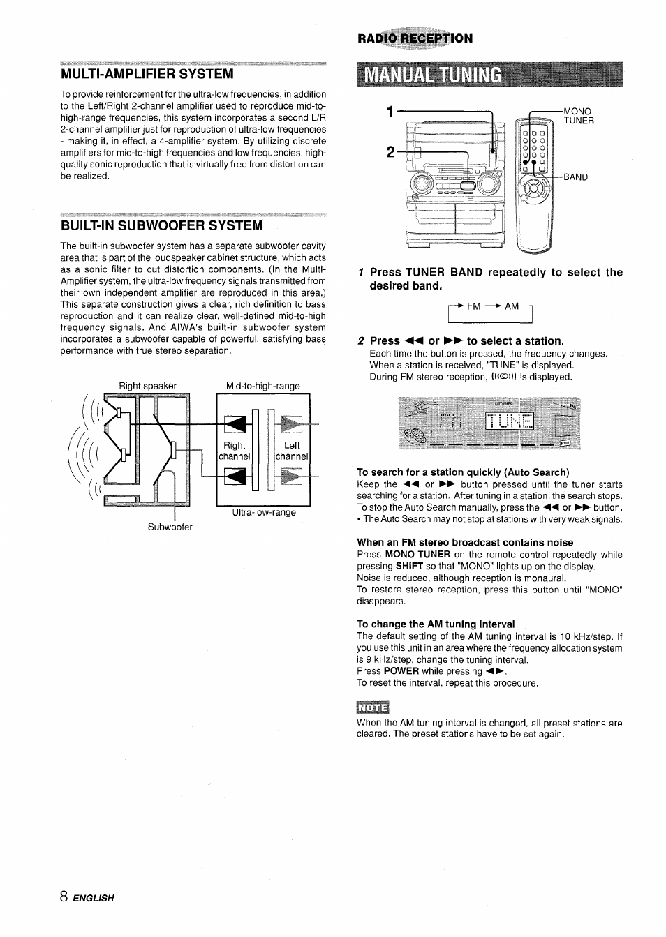 Multi-amplifier system, Built-in subwoofer system, Press ◄◄ or ►► to select a station | To search for a station quickly (auto search), When an fm stereo broadcast contains noise, To change the am tuning interval, F'm 