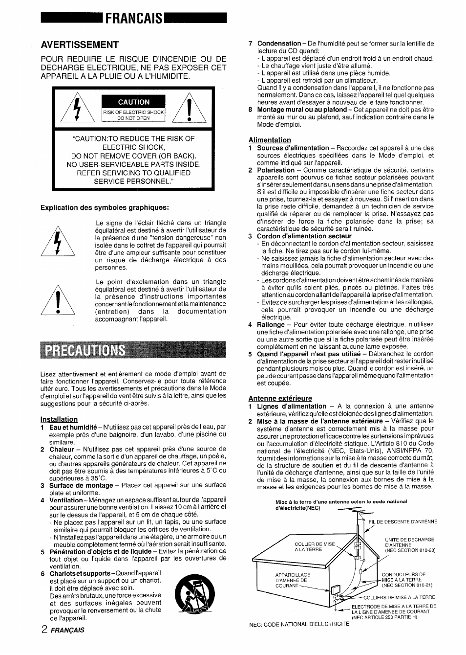 Français i, Avertissement, Caution | Explication des symboies graphiques, Installation, Alimentation, 3 cordon d'alimentation secteur, Antenne extérieure, Français | Aiwa XR-H330MD User Manual | Page 82 / 124