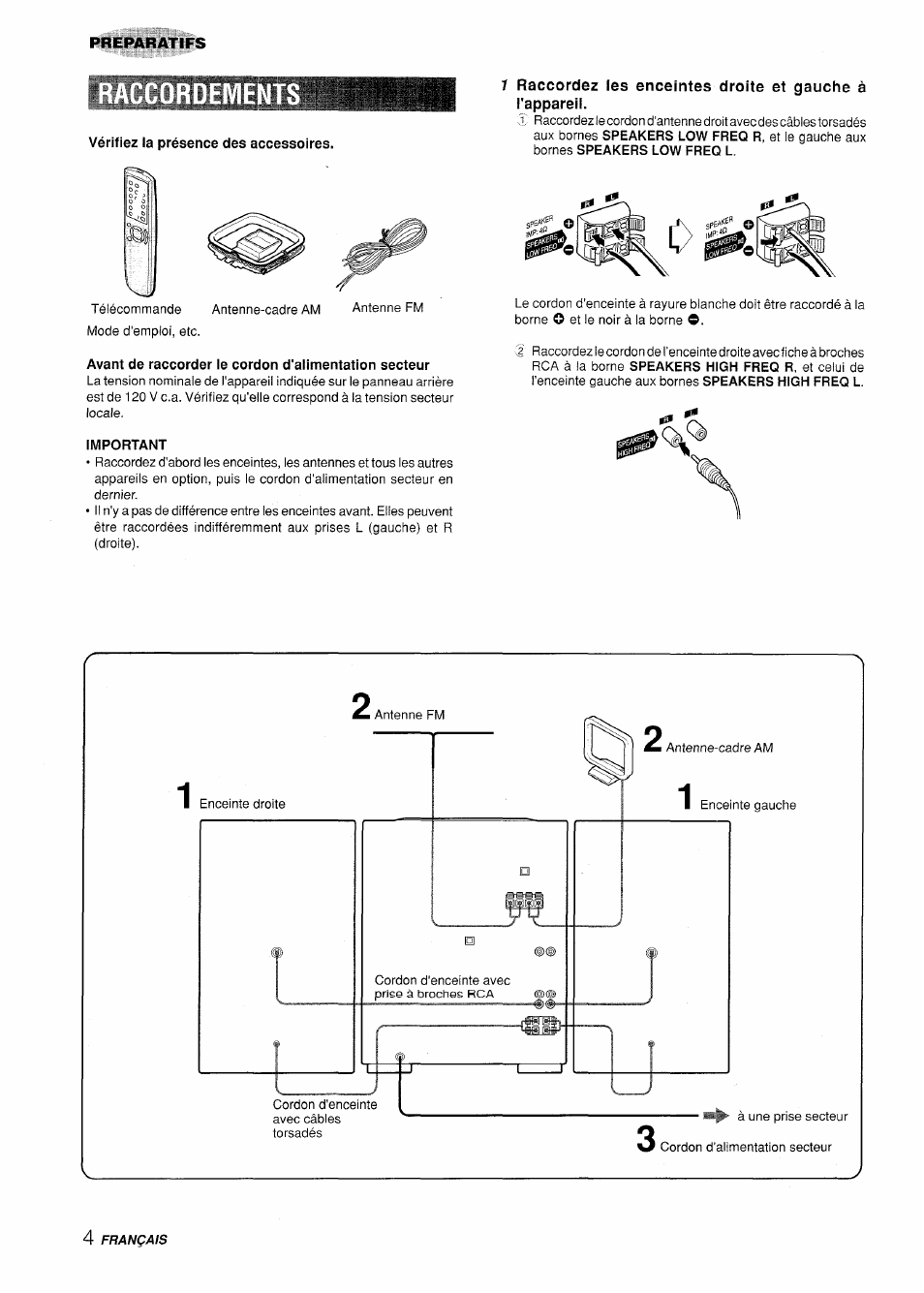 Ents, Vérifiez ia présence des accessoires, Important | Aiwa XR-H330MD User Manual | Page 84 / 124