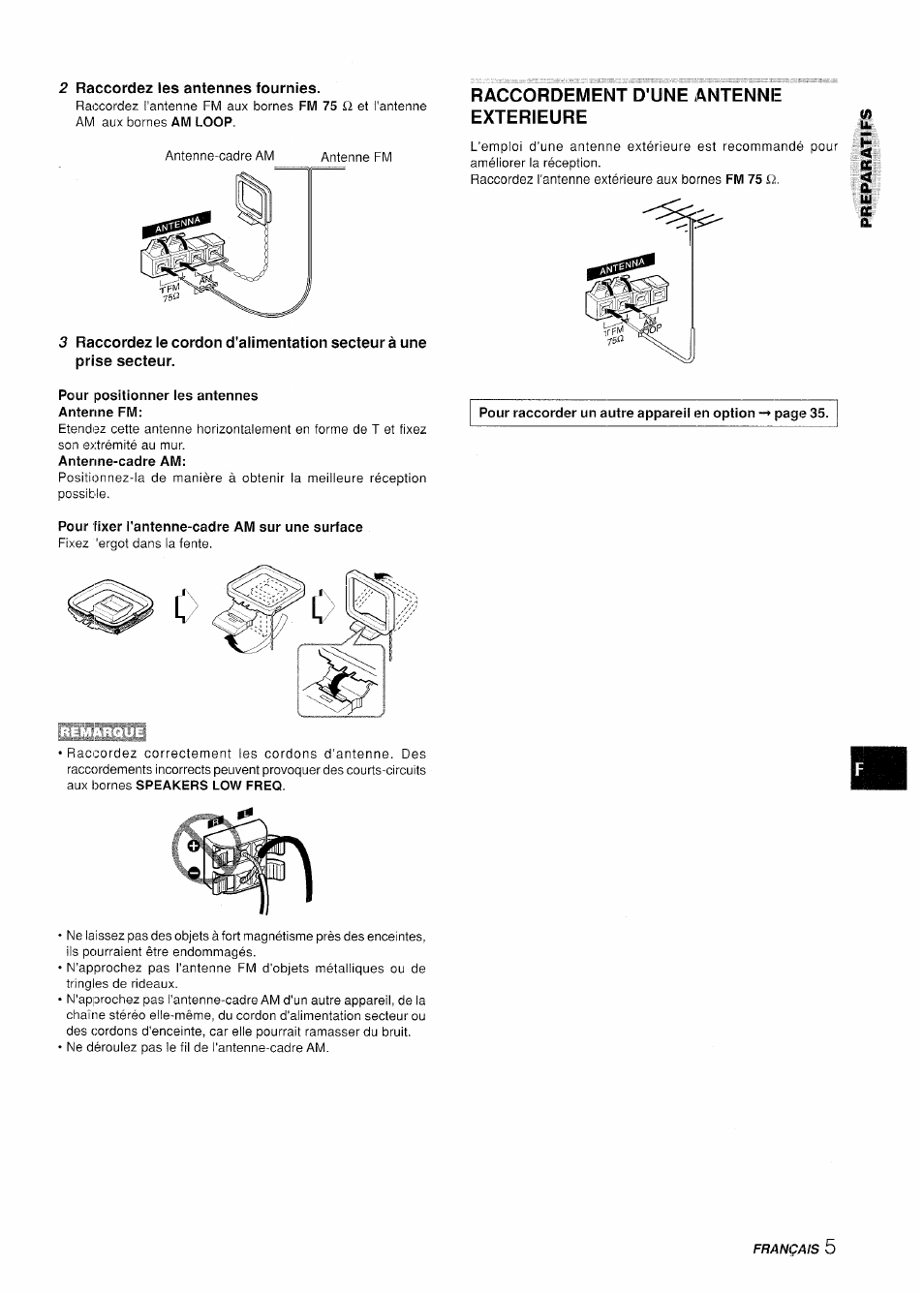 Raccordez les antennes fournies, Pour positionner les antennes antenne fm, Pour fixer l'antenne-cadre am sur une surface | Raccordement d'une antenne exterieure | Aiwa XR-H330MD User Manual | Page 85 / 124