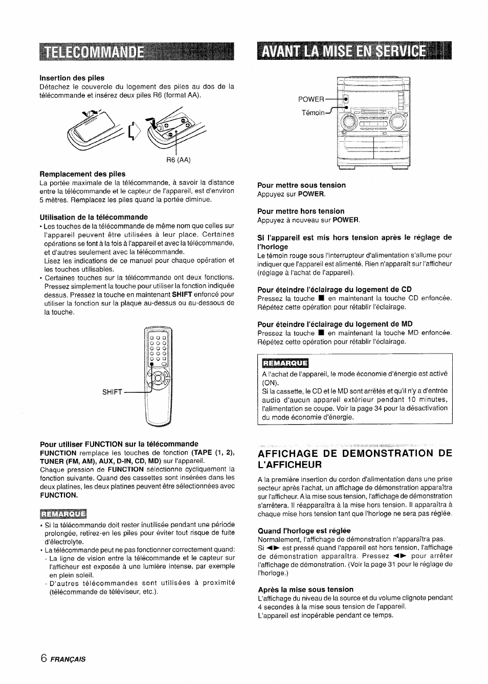 Telecom, Avant la mise en service, Insertion des piles | Utilisation de la télécommande, Pour mettre sous tension, Pour mettre hors tension, Pour éteindre l'éclairage du logement de cd, Pour éteindre l'éclairage du logement de md, Affichage de demonstration de l'afficheur, Quand l'horloge est réglée | Aiwa XR-H330MD User Manual | Page 86 / 124