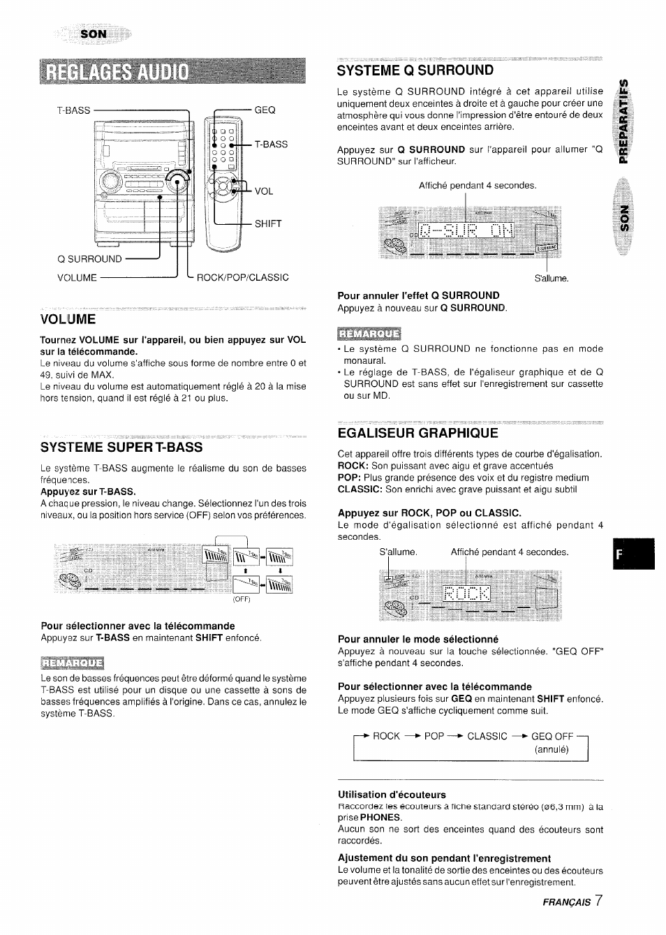 Volume, Systeme q surround, Pour annuler l'effet q surround | Systeme super t-bass, Egaliseur graphique, Appuyez sur rock, pop ou classic, Pour sélectionner avec la télécommande, Pour annuler le mode sélectionné, Utilisation d'écouteurs, S u h! üï | Aiwa XR-H330MD User Manual | Page 87 / 124