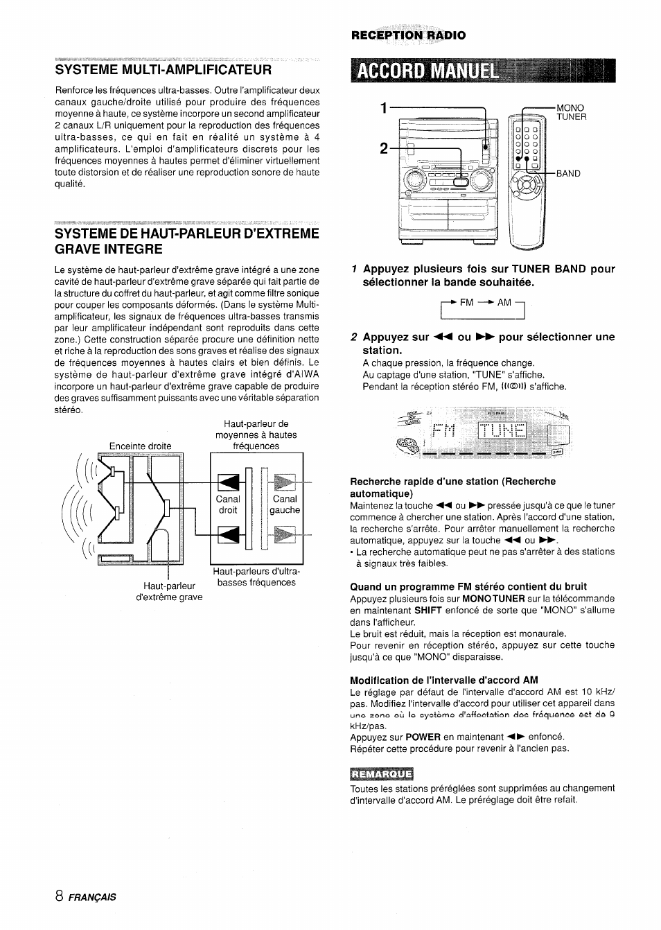 Systeme multi-amplificateur, Systeme de haut-parleur d'extreme grave integre, Accord man | Fm 'тинр, Quand un programme fm stéréo contient du bruit, Modification de l'intervalle d'accord am | Aiwa XR-H330MD User Manual | Page 88 / 124