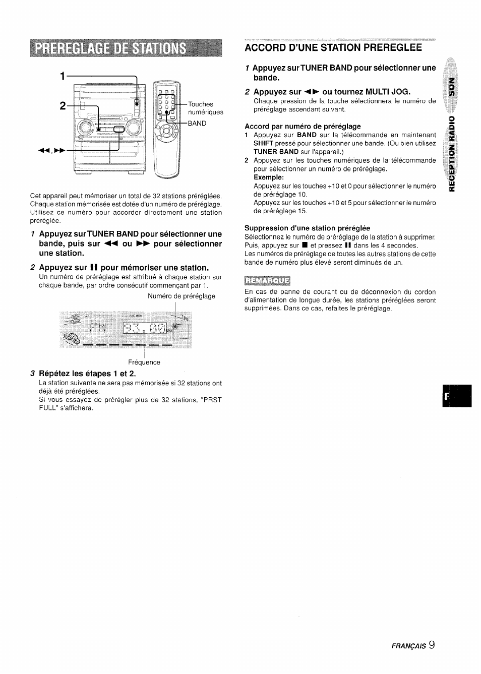 2 appuyez sur ii pour mémoriser une station, Accord d'une station prereglee, 2 appuyez sur ou tournez multi jog | Accord par numéro de préréglage, Suppression d'une station prérégiée, 3 répétez les étapes 1 et 2 | Aiwa XR-H330MD User Manual | Page 89 / 124