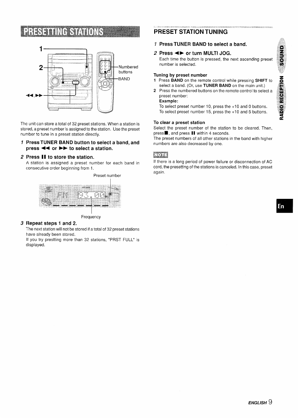 2 press ii to store the station, Preset station tuning, 1 press tuner band to select a band | 2 press ◄►or turn multi jog, Tuning by preset number, To clear a preset station, F^epeat steps 1 and 2 | Aiwa XR-H330MD User Manual | Page 9 / 124